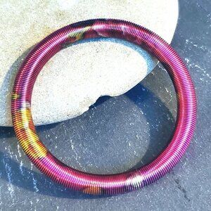 Printed Design Stretch Stainless Steel Coil Pink Multicolor Bangle Bracelet #7